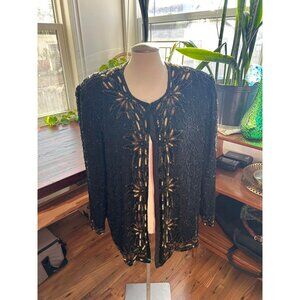 Night Vogue Vintage Hand Beaded Black Blazer with Flowers